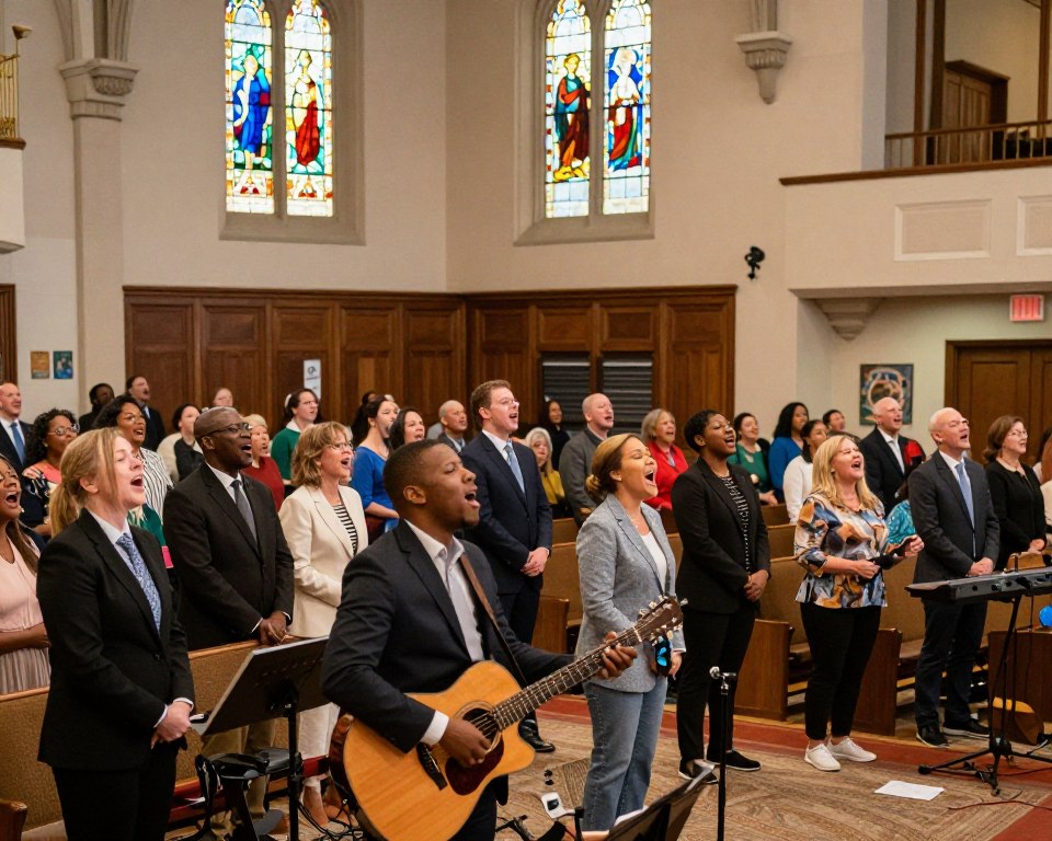 A vibrant Presbyterian church service in Birmingham, AL, showcasing a diverse congregation engaged in worship. In the foreground, a contemporary music band plays instruments, including a guitar and keyboard, with a mix of attendees in professional business attire and modest casual clothing singing joyfully. The middle layer captures the church’s architecture, with stained glass windows filtering soft, colorful light throughout the space, emphasizing a warm and welcoming atmosphere. The background includes rows of pews filled with worshippers, while subtle decorations reflect themes of music and arts in worship. The image is illuminated with gentle, natural lighting, creating an uplifting and inspiring mood, shot from a slightly elevated angle to capture the communal spirit and artistic elements of the service.