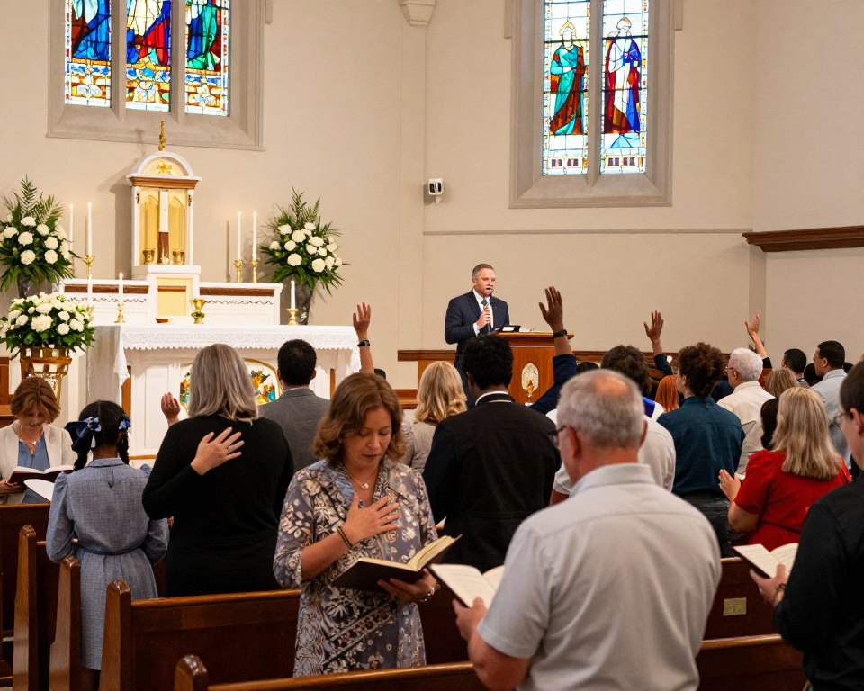 A vibrant Presbyterian church service in Tampa, showcasing a diverse congregation of adults and children dressed in modest, professional attire. In the foreground, people are engaged in heartfelt worship, with some holding hymnals and others raising their hands in praise. The middle ground features a beautifully decorated altar adorned with flowers and candles, while a pastor speaks passionately from the pulpit, radiating warmth and community. In the background, stained glass windows filter in colorful light, casting a serene glow over the room. The atmosphere is uplifting and welcoming, with soft, natural lighting that enhances the sense of togetherness and faith. The angle captures the congregation from slightly below eye level, emphasizing the sense of unity and reverence during worship.