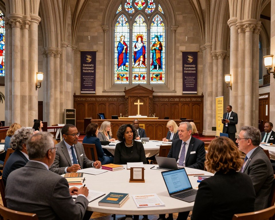 A vibrant Presbyterian church setting in New York City, showcasing a group of diverse adults in modest business attire engaging in an educational seminar. In the foreground, a round table with books, pamphlets, and laptops, filled with people attentively participating. The middle ground features a large stained-glass window casting colorful light across the room, while church banners emphasizing community and education line the walls. In the background, the classic architecture of the church, with its tall steeples and intricate details, portrayed under soft, warm lighting. The atmosphere is inviting and inspiring, reflecting a sense of community and growth, with an angle capturing both the participants and the stunning interior of the church.