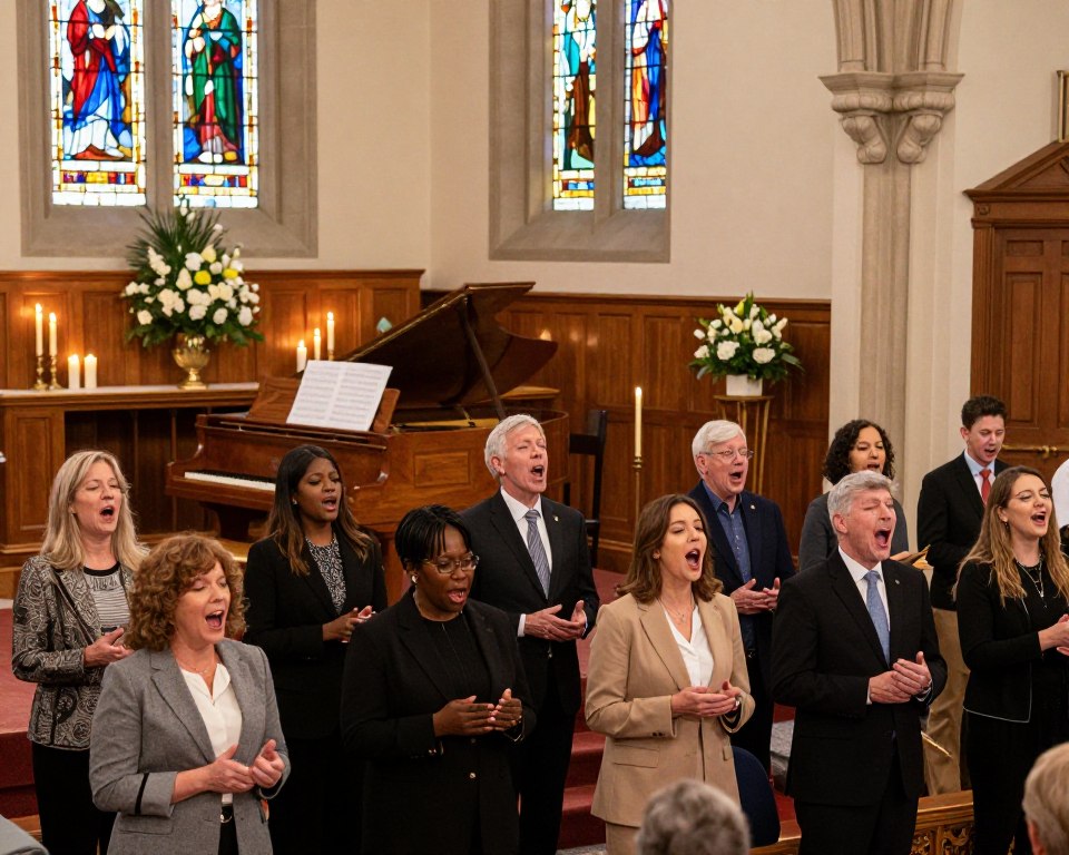 A vibrant Presbyterian church worship service is set in a beautifully adorned sanctuary, filled with warm, soft lighting that enhances the inviting atmosphere. In the foreground, a small choir of diverse singers, dressed in professional attire, passionately performs, showcasing expressions of joy and reverence. The middle ground features a polished wooden piano with sheet music visible, surrounded by elegantly arranged worship elements like candles and floral displays. In the background, stained glass windows filter colorful light, illuminating the congregation, who are engaged and attentive, creating a sense of community and devotion. The image captures the uplifting spirit of music and arts in worship, with a cozy yet reverent mood, emphasizing the beauty of this Presbyterian gathering.