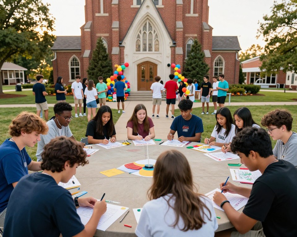 A vibrant Presbyterian church youth event in Nashville, depicting a diverse group of young people engaging in activities such as group discussions, games, and arts and crafts. In the foreground, a circle of teens, dressed in modest casual clothing, are enthusiastically working on a community project, with smiling faces and animated expressions. In the middle ground, additional youth are seen participating in a collaborative game, showcasing teamwork and camaraderie, surrounded by colorful decorations that convey a festive atmosphere. The background features the exterior of a charming church building, with warm sunlight casting an inviting glow. The scene is shot with a slightly wide-angle lens to capture a lively and dynamic atmosphere, emphasizing togetherness and spiritual growth in a welcoming outdoor setting.