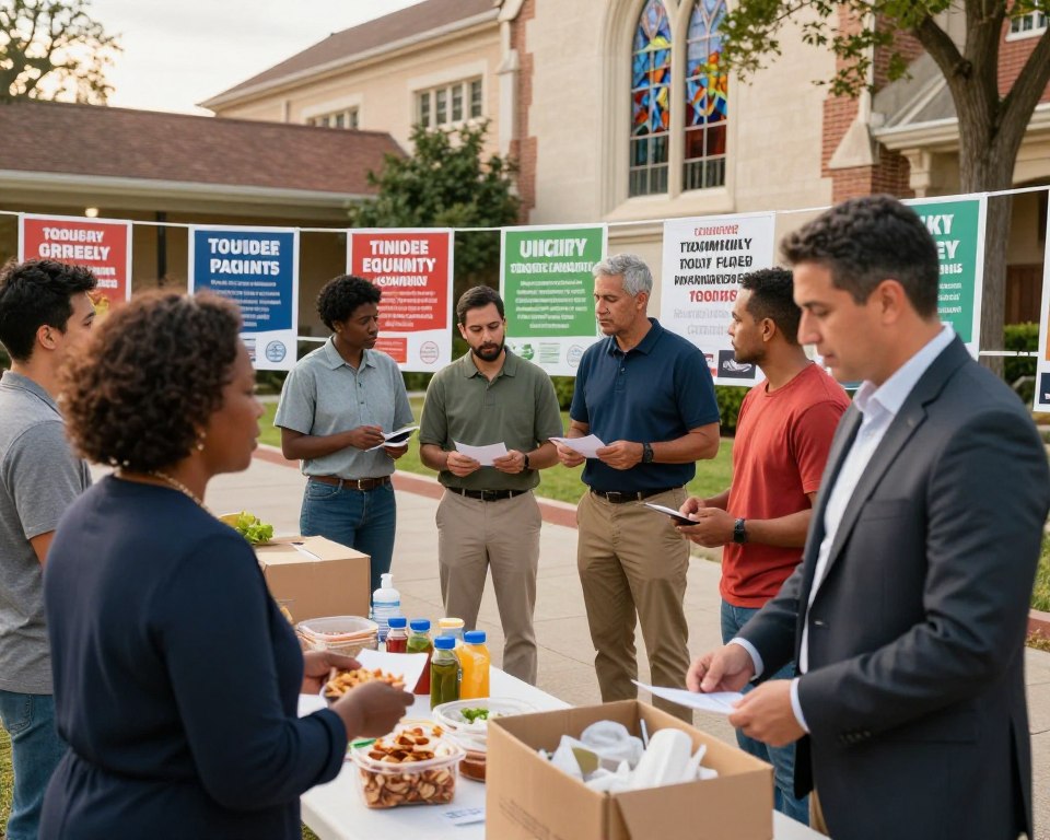 A vibrant and engaging scene depicting a diverse group of Presbyterian congregants engaging in community service to address social issues. In the foreground, a Black woman and a Hispanic man in professional business attire are collaborating at a table filled with food for a local food bank. In the middle, a diverse group of men and women, also in modest casual clothing, are discussing plans for community outreach, surrounded by posters highlighting social causes such as racial equality and environmental sustainability. The background features a church building with stained glass windows and trees, symbolizing hope and unity. Soft, warm lighting casts a welcoming atmosphere, emphasizing a sense of community and collaborative spirit, captured from a slightly elevated angle to encompass the depth of the gathering.