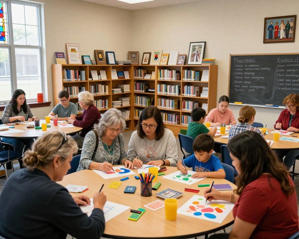 A vibrant and inviting interior of a Presbyterian church community center, showcasing a variety of educational programs in action. In the foreground, a diverse group of adults and children engage in a hands-on art class, surrounded by colorful creations and educational materials. The middle layer features a warm, welcoming classroom setting with bookshelves filled with religious texts and instructional resources, while a chalkboard displays encouraging messages. In the background, stained glass windows cast colorful light patterns, enhancing the atmosphere of learning and community. The scene is well-lit, with soft, natural light streaming through the windows, creating an uplifting and inspirational mood conducive to education and fellowship. The image captures the spirit of community and learning, reflecting the core values of the church's educational offerings.