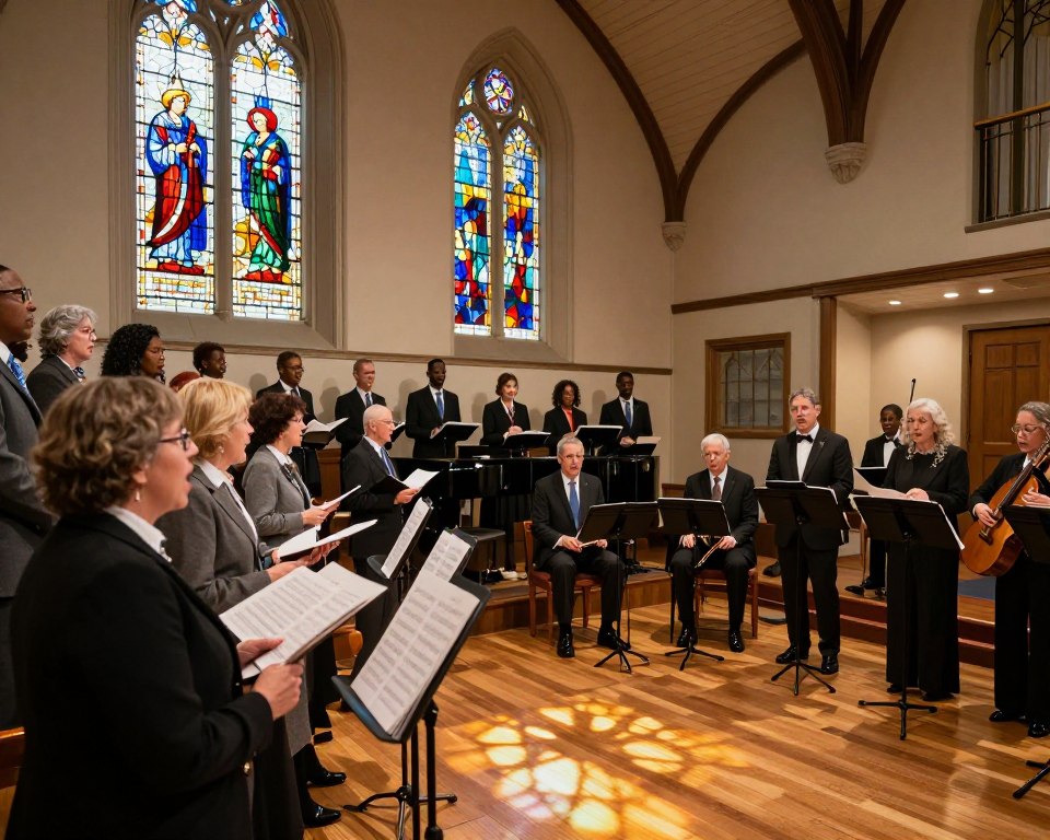 A vibrant and serene scene of a United Methodist Church worship service, with a diverse group of individuals dressed in professional business attire engaged in a musical performance. In the foreground, a choir of singers passionately leads hymns, showcasing expressive faces and harmonious unity. In the middle, a group of musicians play various instruments, including a piano, guitar, and violin, with sheet music scattered around. The background features the beautiful stained glass windows illuminating the space with colorful light, casting intricate patterns on the polished wooden floor. Soft, warm lighting creates an inviting atmosphere, while an arched ceiling adds to the spiritual ambiance. The angle captures the depth of the congregation, reinforcing a sense of community and connection through music and arts in worship.