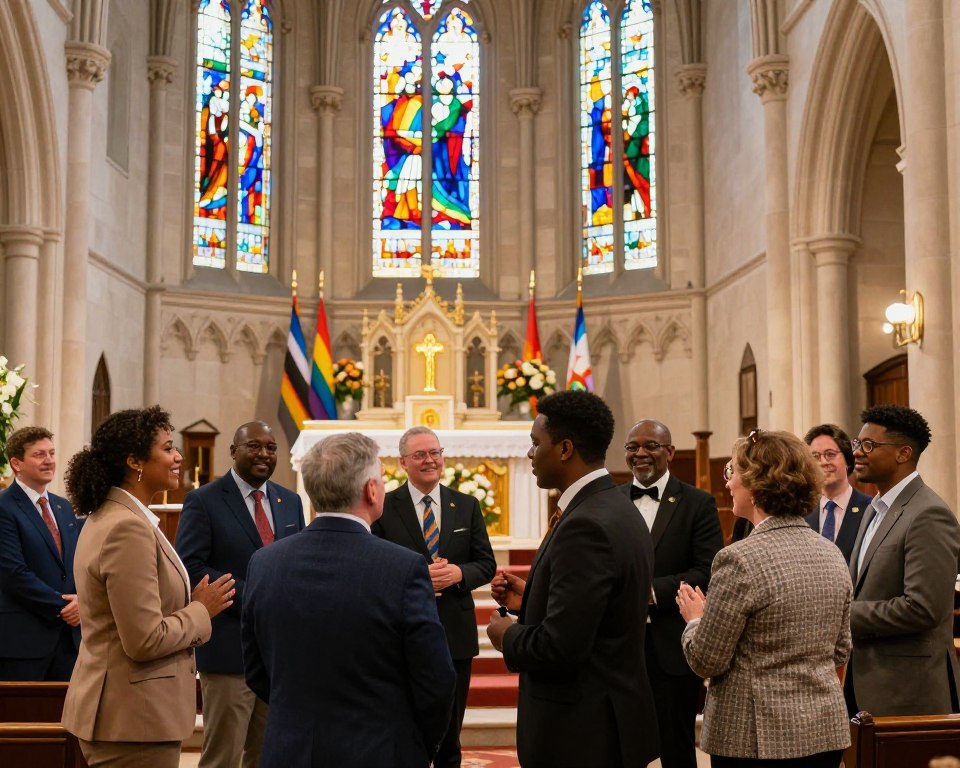 A vibrant and uplifting scene depicting a diverse group of people gathered in a majestic Presbyterian church setting, celebrating LGBTQ contributions to the community. In the foreground, individuals of various ethnicities, dressed in professional business attire, are engaged in conversation and collaboration, showcasing warmth and camaraderie. The middle ground features stained glass windows filtering colorful light across the space, casting a rainbow effect that symbolizes inclusion and acceptance. In the background, a beautiful altar adorned with flowers and pride flags emphasizes the theme of unity. Soft, warm lighting creates an inviting atmosphere, while the wide-angle perspective highlights the grandeur of the church interior. The overall mood is joyful, filled with hope and celebration of love and diversity within the faith community.