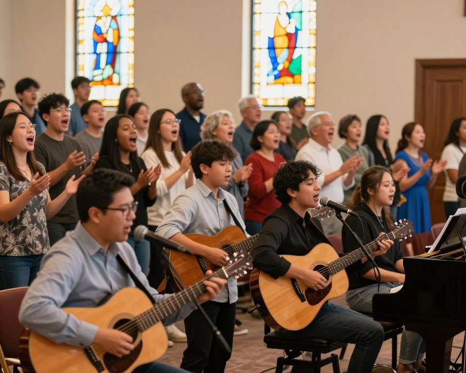 A vibrant and warm scene depicting a wide array of musicians performing during a Presbyterian worship service in Tucson. In the foreground, several musicians play acoustic guitars, a piano, and use a microphone, all dressed in smart casual clothing. In the middle, a diverse group of congregation members, young and old, actively engage and sing along, their faces reflecting joy and connection. The background features stained glass windows illuminated by soft, natural sunlight, creating a serene and welcoming atmosphere. The image captures the essence of community, harmony, and inclusiveness, with a slightly blurred focus to emphasize the musicianship and interaction among members. The lighting is warm and inviting, giving an uplifting feel to the worship experience.