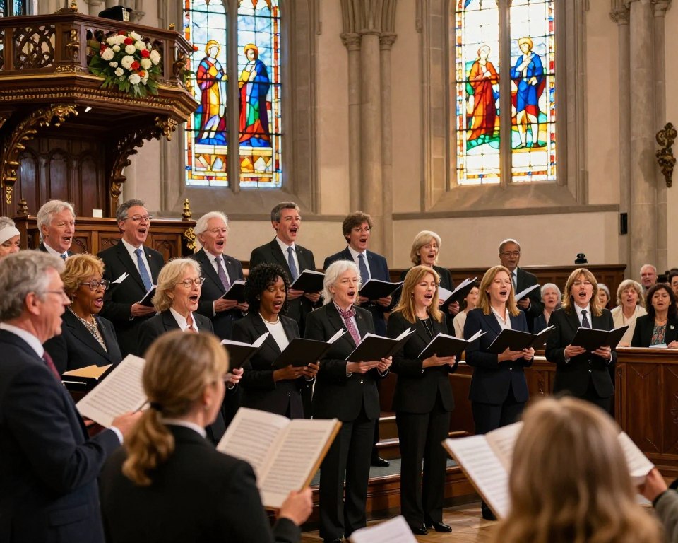 A vibrant church choir performing in a beautifully lit sanctuary, filled with stained glass windows filtering warm sunlight. The choir members, dressed in professional business attire, are standing in a semi-circle, singing joyfully with expressions of passion and devotion. In the foreground, several choir members hold sheet music, while others harmonize, their diverse backgrounds reflecting unity in worship. The middle ground features an ornate wooden pulpit adorned with floral arrangements, and you can glimpse the congregation in the background, engaged and uplifted by the music. The atmosphere is warm and inviting, with soft sunlight casting a golden hue, evoking a sense of community and celebration in worship. Soft focus on the edges to emphasize the choir as the focal point.
