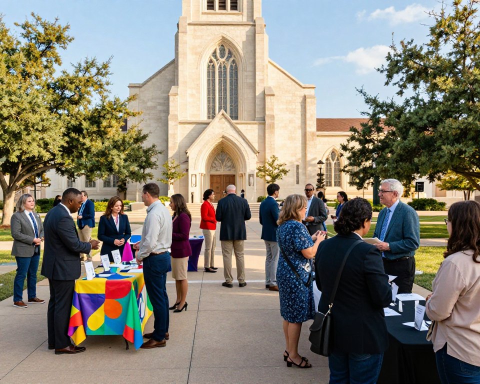 A vibrant church event in Fort Worth, Texas, showcasing a diverse group of individuals dressed in professional business attire and modest casual clothing. In the foreground, a welcoming outdoor space with colorful banners and tables set up for community engagement. In the middle ground, people engaging in conversations, volunteering, and participating in group activities that convey a sense of unity and purpose. In the background, the church building stands proudly under a bright blue sky, with soft sunlight illuminating the scene, creating a warm and inviting atmosphere. The shot is captured from a slightly elevated angle, giving a comprehensive view of the lively interactions and the beautiful architecture. The overall mood is joyful and inclusive, reflecting the spirit of community involvement.