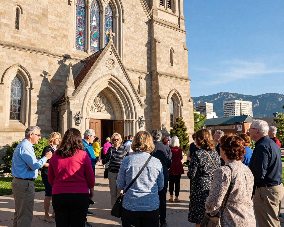 A vibrant church exterior of a Presbyterian denomination in Denver during a sunny afternoon. In the foreground, diverse individuals of various ages, dressed in professional and modest casual attire, are enthusiastically gathering at the entrance, warmly greeting each other as they prepare for community activities. The middle ground features the charming facade of the church, showcasing stained glass windows and traditional architecture that reflects its historical significance. In the background, a picturesque Denver skyline with the Rocky Mountains visible under a clear blue sky adds an inspiring backdrop. Soft, natural lighting enhances the inviting atmosphere, creating a feeling of community and engagement, while the angle captures the essence of connection and involvement.
