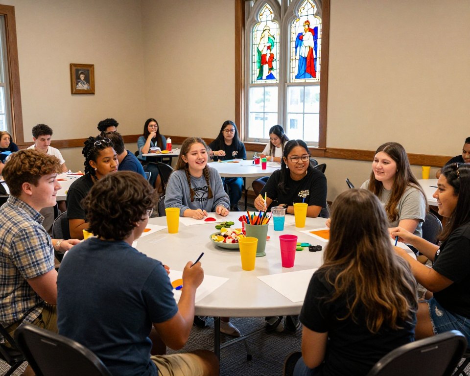 A vibrant church youth program scene inside the welcoming environment of a cozy community hall at the 3rd Presbyterian Church. In the foreground, a diverse group of young adults and teenagers engaged in an energetic activity, wearing modest casual clothing, smiling and interacting enthusiastically. The middle ground showcases a table with colorful art supplies and snacks, suggesting creativity and fellowship. In the background, warm natural light filters through large windows adorned with stained glass, illuminating the space and creating an inviting atmosphere. The setting hints at a sense of community, inclusion, and spiritual growth, capturing the essence of nurturing faith among youth in a supportive church environment.