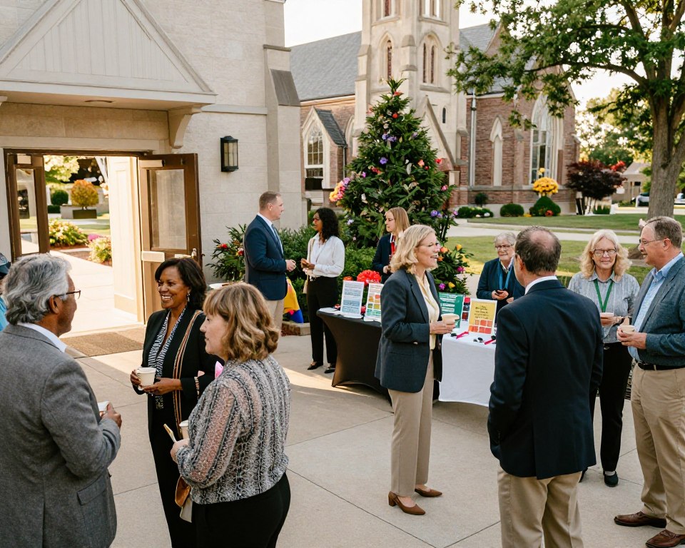 A vibrant community gathering at a Presbyterian church in Tulsa, showcasing a warm, inviting atmosphere. In the foreground, a diverse group of people of various ages, all in professional business attire and modest casual clothing, engage in lively conversation and sharing refreshments. The middle ground features tables adorned with colorful decorations and a variety of community activity flyers, while a welcoming entrance with open doors reveals serene natural light streaming in. In the background, the church's beautiful architecture stands tall, surrounded by verdant trees and blooming flowers, bathed in soft, golden afternoon light. The overall mood is joyful and inclusive, reflecting a strong sense of community and fellowship, captured from a slightly elevated angle for a comprehensive view of the event.