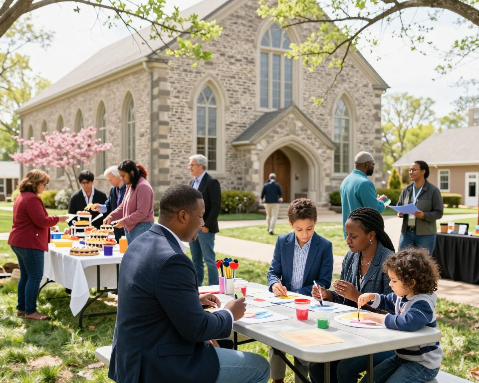 A vibrant community gathering at a Wilmington Presbyterian church event, showcasing a diverse group of people engaged in activities. In the foreground, a family of four, dressed in smart casual clothing, engages in a friendly conversation while children play with art supplies on a picnic table. In the middle ground, a diverse group of adults participates in a bake sale, with colorful treats displayed on tables, creating a festive atmosphere. The background features the beautiful, historic church building adorned with spring flowers and greenery. Soft sunlight filters through tree branches, casting a warm and inviting glow. The overall mood is cheerful and communal, capturing the essence of connection and fellowship during church events.