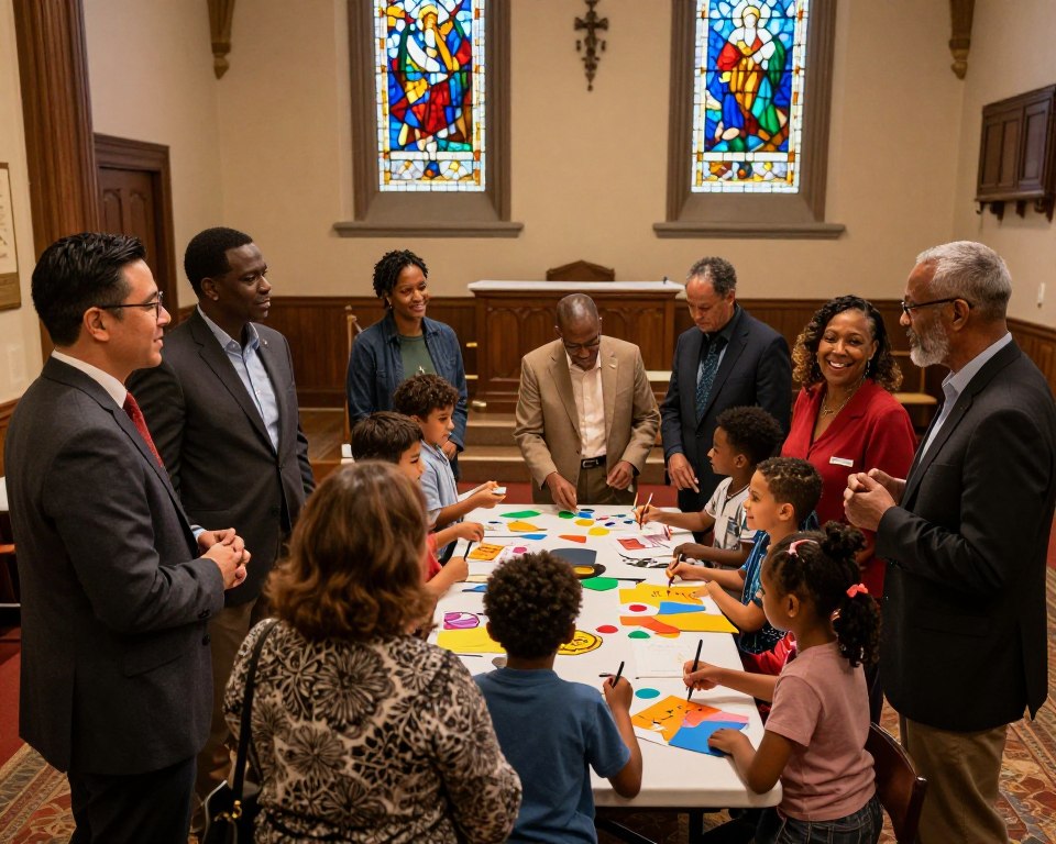 A vibrant community gathering in a Presbyterian church setting, showcasing diverse individuals and families engaging in activities. In the foreground, a group of adults in professional business attire and modest casual clothing converse warmly, exchanging ideas and smiles. The middle ground features children participating in a craft table, creating colorful artwork with smiles of joy, while a welcoming church member guides them. In the background, the interior of the church is adorned with beautiful stained glass windows, dimly illuminated by soft, warm light, creating an inviting atmosphere. The scene captures a sense of fellowship, community spirit, and active participation, invoking a feeling of warmth and belonging in the heart of New Orleans.