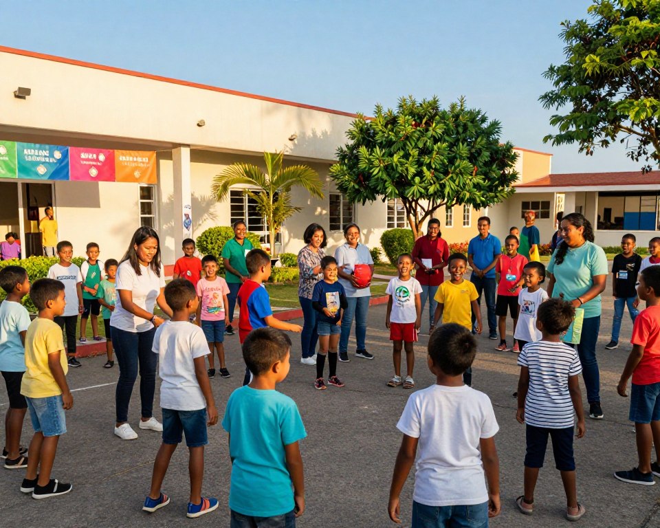A vibrant community scene depicting children and youth engaged in uplifting activities at a church event. In the foreground, a diverse group of kids playing games and laughing, dressed in modest casual clothing. The middle features a group of caring adults guiding activities, with expressions of encouragement and joy, fostering an atmosphere of inclusion. The background shows a welcoming church building with colorful banners, lush greenery, and a clear blue sky. The lighting is warm and inviting, suggesting a late afternoon glow, with soft shadows enhancing the lively ambiance. The composition is shot from a slightly elevated angle, capturing the excitement and camaraderie of the youth programs. The mood is cheerful, inspiring, and community-focused, showcasing the spirit of connection and growth.
