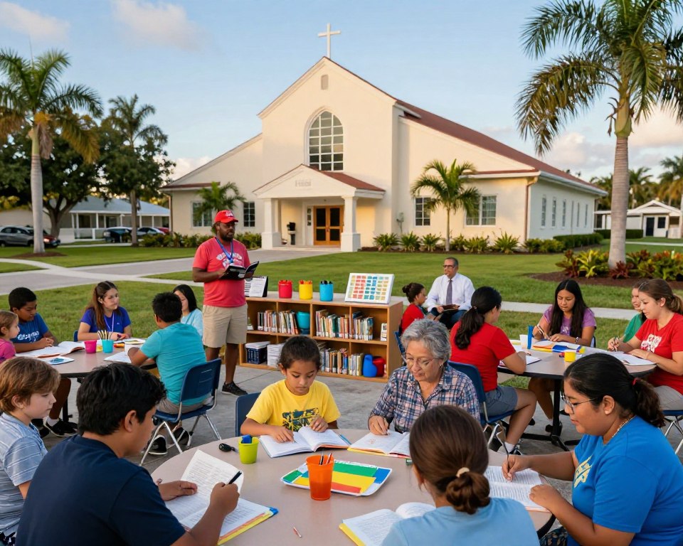 A vibrant community scene showcasing educational programs for all ages at the Presbyterian Church in Venice, Florida. In the foreground, a diverse group of people, including children, teenagers, and adults, are engaged in various learning activities, such as reading, discussing, and participating in hands-on workshops. The middle ground features a welcoming classroom setting with colorful educational materials, bookshelves, and art supplies. In the background, the church’s distinctive architecture is visible, surrounded by lush green landscaping and palm trees under a clear blue sky. The warm, soft lighting evokes a friendly and inviting atmosphere, capturing the spirit of community and lifelong learning. The angle should be slightly elevated to encompass both the people and the church, emphasizing the vibrant connection between education and community.