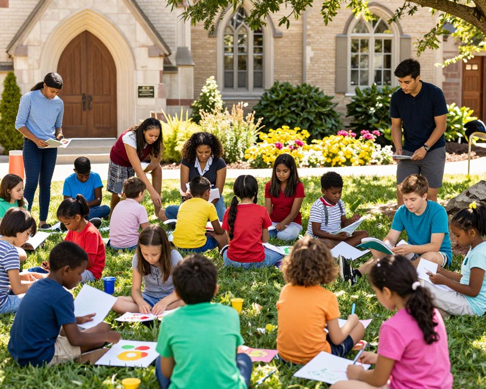 A vibrant community scene showcasing youth and children's programs at Westminster Presbyterian Church. In the foreground, a diverse group of children aged 6-12, dressed in colorful, modest clothing, engaged in various activities like painting, playing games, and reading. In the middle ground, cheerful youth leaders participate and guide the children, all wearing casual but appropriate attire. The background features the welcoming exterior of the church with lush greenery and bright flowers, symbolizing growth and community spirit. Soft, warm lighting filters through the trees, creating a friendly and inviting atmosphere. The image is taken from a slightly elevated angle, emphasizing the interaction and joy among the participants in this enriching environment.