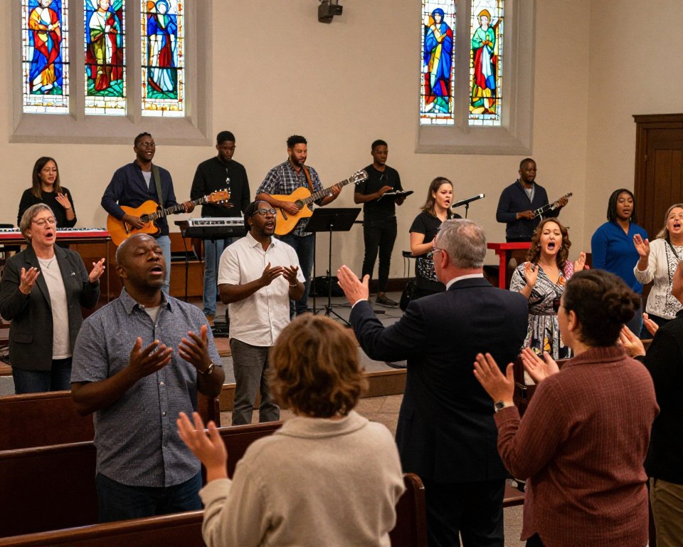 A vibrant, engaging scene depicting a diverse group of worshipers in a Presbyterian church setting, highlighting different worship styles. In the foreground, a middle-aged pastor in professional attire leads a spirited congregation, with individuals dressed in modest casual clothing or business attire actively participating. In the middle, a contemporary worship band plays music, featuring guitars and keyboards, while some members are singing with enthusiasm. The background showcases stained glass windows that cast colorful light across the room, enhancing the atmosphere of reverent joy. The setting should be warmly lit, capturing a sense of community, inclusion, and spirituality. The camera angle should provide a wide view to encompass the entire worship space, emphasizing the dynamics of the worship styles in practice.