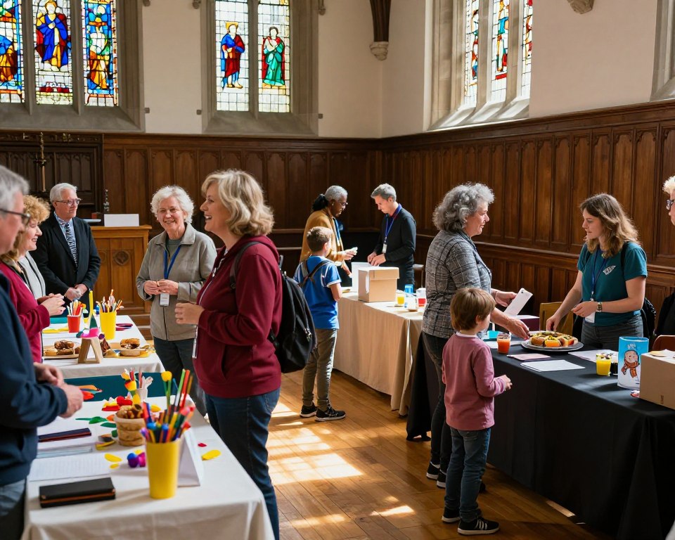 A vibrant indoor scene at Westminster Presbyterian Church, showcasing a variety of community events and activities. In the foreground, a diverse group of people—adults and children—engaged in enthusiastic conversations while setting up tables with colorful decorations and refreshments. In the middle, volunteers organizing materials for a charity drive, with smiles and camaraderie evident in their interactions. The background features beautiful stained-glass windows letting in warm, natural light that casts colorful patterns on the wooden floor, highlighting the church's architectural details. The atmosphere is joyful and welcoming, embodying a sense of community spirit. Use soft focus to emphasize the lively details without overwhelming the viewer.