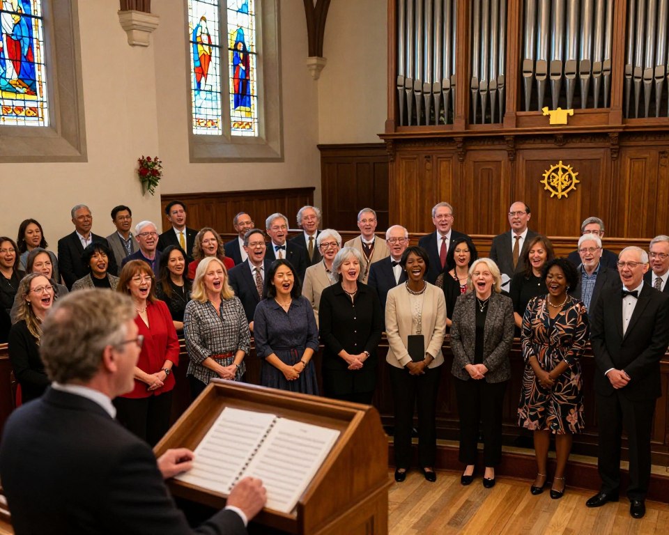 A vibrant indoor scene of a Manhattan Presbyterian Church music event, showcasing a diverse group of people gathered in a warm, inviting atmosphere. In the foreground, a small choir dressed in professional attire sings joyfully at a polished wooden podium, with sheet music in hand. The middle layer features a reverent congregation, engaged and listening, with colorful stained glass windows reflecting soft, natural light over them. In the background, a grand pipe organ and elegant decorations emphasize the church's traditional architecture. The lighting is warm and soft, creating an uplifting and inviting mood. The angle is slightly elevated, capturing the essence of community and the joy of worship through music and arts.
