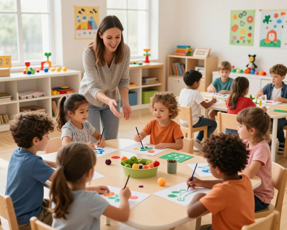 A vibrant preschool scene depicting children engaged in enriching activities and programs. In the foreground, a diverse group of children, dressed in modest, colorful clothing, are joyfully painting and crafting at a large table, showcasing creativity. In the middle ground, a passionate teacher interacts with small groups, guiding them in playful educational games. The background features a bright, inviting classroom filled with toys, books, and educational posters. Soft, natural light filters through large windows, casting warm highlights throughout the room, creating an atmosphere of warmth and excitement. The image should feel lively and nurturing, capturing the essence of a supportive learning environment. Use a wide-angle lens to encompass the entire scene, emphasizing the dynamic interplay of activities and joyful expressions.