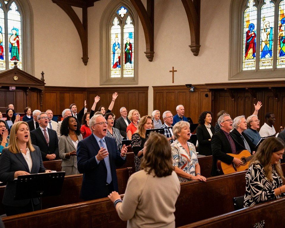 A vibrant scene capturing a Presbyterian church worship service in Chattanooga during a lively music session. In the foreground, a diverse group of worshippers, dressed in professional business attire and modest casual clothing, are engaged in worship, some singing, others playing musical instruments like a piano and guitars. The middle ground features a beautifully decorated sanctuary with stained glass windows filtering sunlight, illuminating the congregation's joyful expressions. In the background, the intricate architecture of the church, including wooden beams and a cross, adds depth. The lighting is warm and inviting, creating an uplifting atmosphere, while the angle is slightly elevated, offering an encompassing view of the worship experience that emphasizes community and devotion.