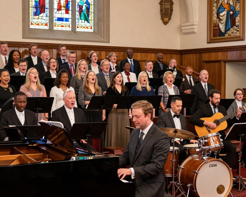 A vibrant scene capturing a Presbyterian worship music ministry in action within a Huntsville church. In the foreground, a diverse group of musicians in professional attire play instruments such as a grand piano, guitar, and a set of drums. The musicians express passion and focus, creating a sense of unity. In the middle ground, a choir sings joyously, their faces lit by warm, natural light streaming in through stained glass windows. In the background, the church's interior is beautifully decorated, showcasing wood accents and religious artwork. The atmosphere is uplifting and harmonious, emphasizing the spiritual connection through music during worship. The image should evoke a sense of community, joy, and reverence in the musical expression of faith.