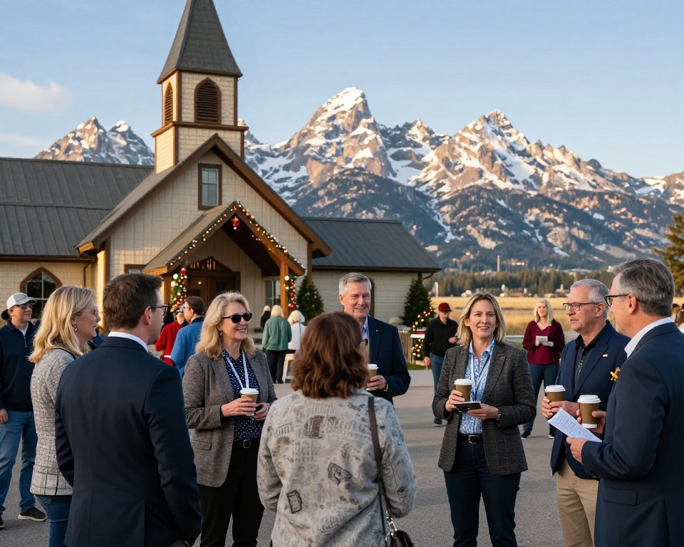 A vibrant scene capturing a community gathering at the Presbyterian Church in Jackson Hole. In the foreground, a diverse group of people, dressed in professional business attire and modest casual clothing, engage in lively conversation while holding cups of coffee and pamphlets. The middle ground features the charming church building adorned with seasonal decorations, welcoming visitors. In the background, the majestic Teton mountains rise against a clear blue sky, with soft sunlight illuminating the scene, creating a warm and inviting atmosphere. Use a wide-angle lens to capture the full scope of the event, emphasizing the sense of community and involvement. The overall mood is friendly, uplifting, and welcoming, embodying the spirit of togetherness at the church.