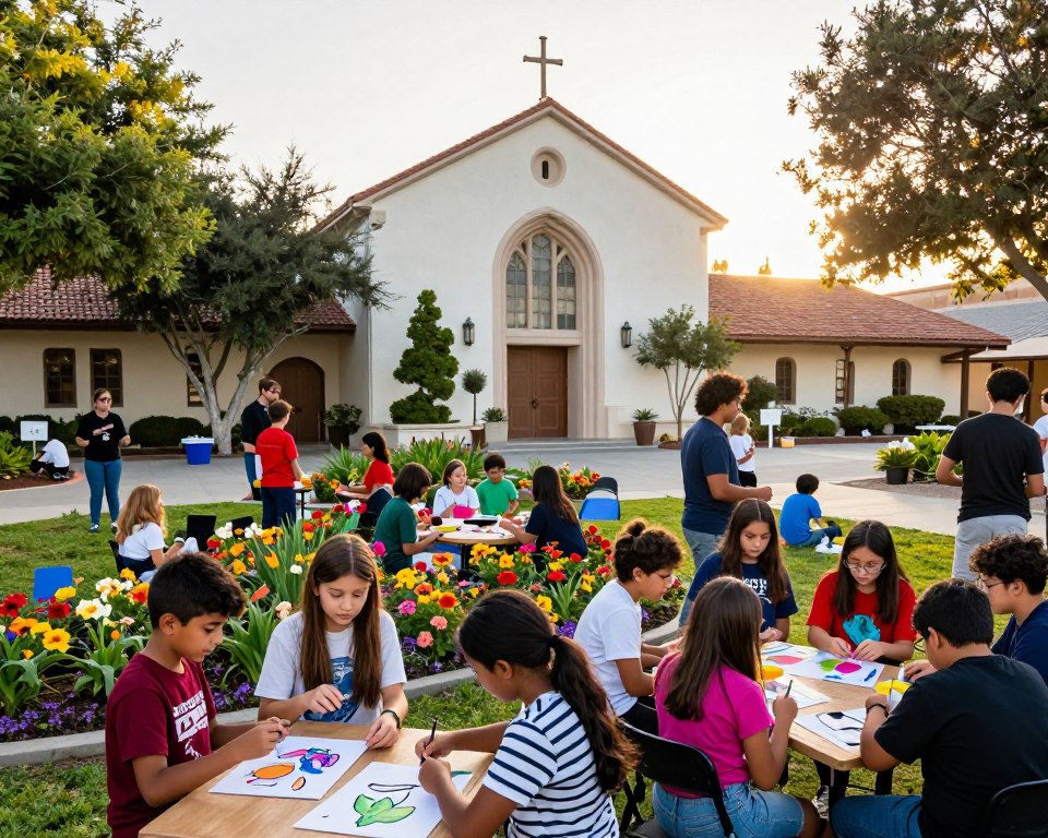 A vibrant scene capturing the essence of youth programs at the Presbyterian Church in San Diego. In the foreground, diverse children and teenagers engaged in interactive activities like arts and crafts, playing games, and collaborating on a community service project, all dressed in modest casual clothing. The middle ground features a welcoming church building with its iconic architecture, surrounded by lush greenery and colorful flowers, symbolizing growth and community. In the background, warm sunlight filters through the trees, creating a joyful atmosphere. The lens captures a slightly elevated angle to encompass both the participants and the church, emphasizing a sense of togetherness and inclusivity in a safe, nurturing environment.