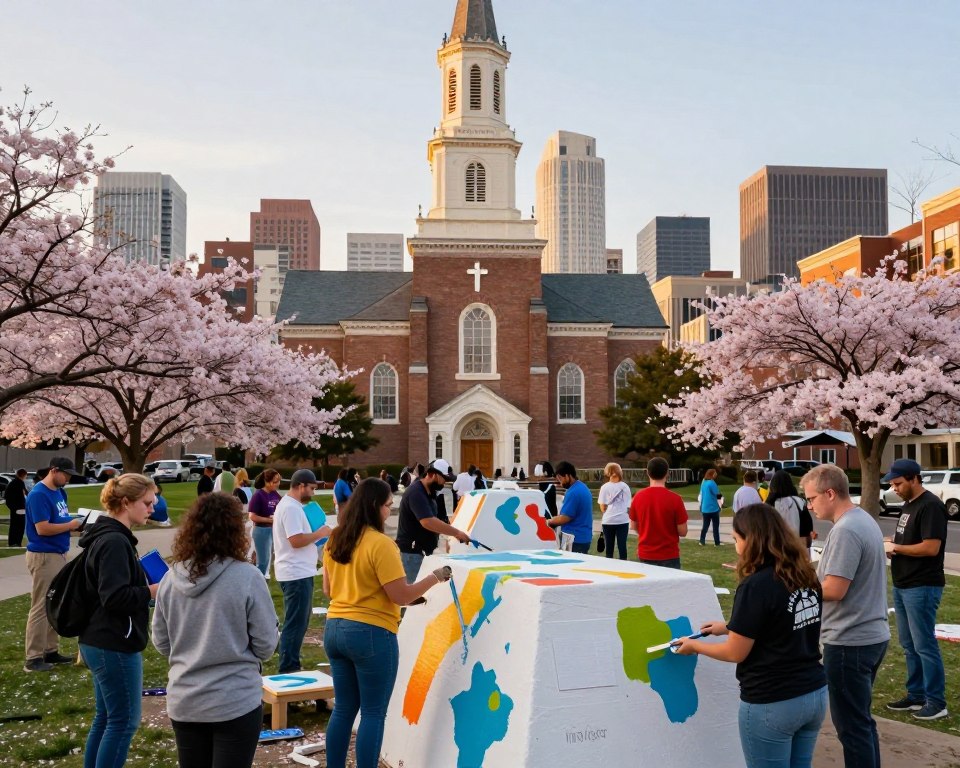 A vibrant scene depicting a Presbyterian church group engaged in a mission trip, set in an inviting urban environment representative of Washington, DC. In the foreground, a diverse group of volunteers, dressed in modest casual clothing, are working together to paint a community center. The middle ground features a historic church building with a cross prominently displayed, symbolizing faith and outreach. The background showcases the iconic DC skyline with cherry blossom trees in bloom, emphasizing springtime vitality. The lighting is warm and natural, capturing the golden hour glow, while the angle is slightly elevated, offering a dynamic view of the group’s collaborative spirit. The overall mood is uplifting and inspiring, highlighting the theme of global outreach and community service.
