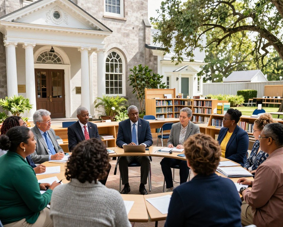 A vibrant scene depicting a Presbyterian church in Charleston, SC, featuring an architectural blend of traditional and modern elements. In the foreground, a diverse group of adults and children, dressed in professional business attire and modest casual clothing, are engaged in educational activities, such as group discussions and learning exercises. The middle ground showcases an inviting classroom setting with warm natural light streaming through large windows, revealing shelves filled with books and learning materials. In the background, the church's exterior is visible, showcasing its historical charm with ornate detailing and lush greenery surrounding the entrance. The atmosphere conveys a sense of community, growth, and inclusivity, inviting viewers to appreciate the importance of educational programs for all ages.