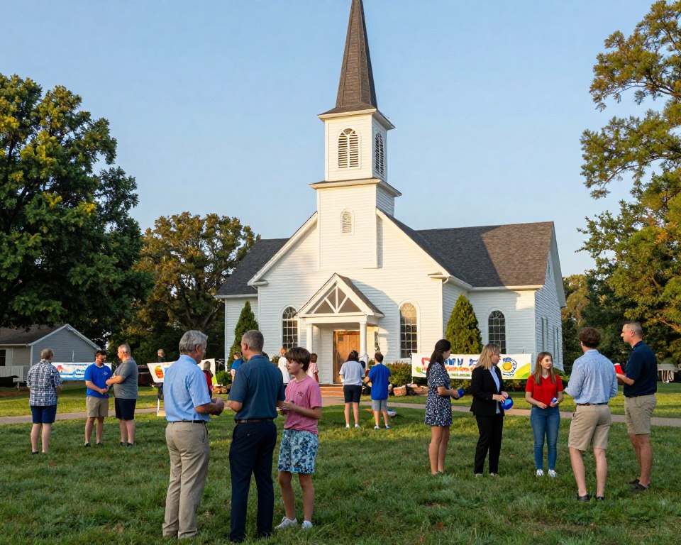 A vibrant scene depicting a Presbyterian church location, showcasing the charming architecture of a traditional building with a prominent steeple. In the foreground, a diverse group of families and youth engage in various activities, such as playing games and sharing conversations, dressed in professional business attire and modest casual clothing. In the middle ground, members of the church can be seen participating in community outreach, with banners promoting family and youth programs. The background features lush green trees and a clear blue sky, enhancing the welcoming atmosphere. Soft, warm lighting reflects a late afternoon sun, creating an uplifting and inviting mood, captured with a slightly elevated angle to include the church's facade and the joyful interactions of the community.