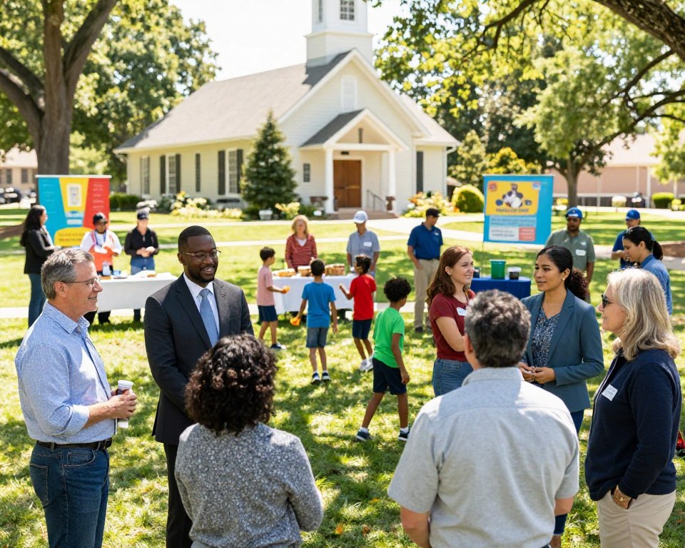 A vibrant scene depicting a Presbyterian community outreach event in a park. In the foreground, a diverse group of people, including African American, Hispanic, and Caucasian individuals, are engaged in friendly conversations and activities. Some are wearing professional business attire while others are in modest casual clothing. In the middle ground, children are playing while adults set up tables with food and resources, showcasing an atmosphere of warmth and hospitality. The background features a quaint church building, surrounded by trees and colorful banners promoting community engagement. The lighting is bright and inviting, capturing a sunny day with soft shadows. The mood is uplifting and inclusive, emphasizing connection, support, and communal spirit.