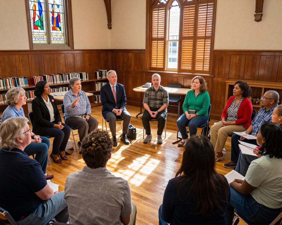 A vibrant scene depicting a Presbyterian congregation in Lexington, Kentucky, engaged in educational activities. In the foreground, a group of diverse adults and children are sitting in a circle, attentively listening to a speaker who is gesturing enthusiastically. All individuals are dressed in modest, professional attire. The middle ground features a wooden, sunlit church interior with colorful stained glass windows casting intricate patterns on the floor. A few book-filled tables are scattered around, creating an inviting atmosphere for learning. In the background, tall oak shutters allow soft, warm light to filter in, enhancing the welcoming mood. The angle is slightly elevated, giving a comprehensive view of the gathering while spotlighting the sense of community and shared knowledge.