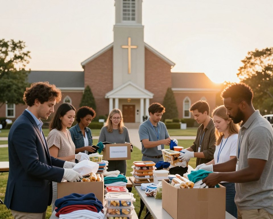 A vibrant scene depicting a United Methodist Church group engaged in charity work, showcasing diversity and collaboration. In the foreground, a diverse group of individuals in professional business attire and modest casual clothing is gathered, organizing food donations and supplies for a local community. In the middle, tables filled with boxes of food and clothing reflect the effort in progress, while a backdrop of the church building, adorned with its iconic cross, emphasizes its role in community service. The sun sets in the background, casting a warm, golden light over the scene that evokes a sense of hope and unity. The overall atmosphere is uplifting and collaborative, illustrating the church’s commitment to empowering communities through mission-oriented projects.