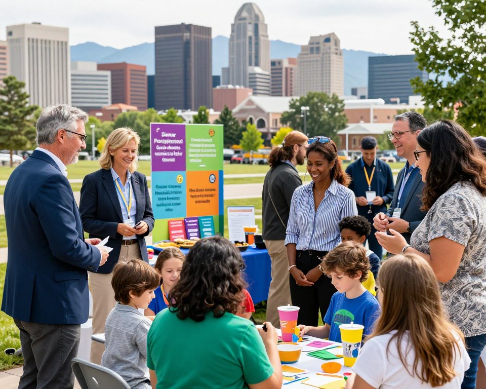 A vibrant scene depicting a community outreach event organized by the Denver Presbyterian Church, focused on engagement and support. In the foreground, a diverse group of volunteers in professional business attire and modest casual clothing are interacting warmly with families, showcasing a welcoming atmosphere. In the middle ground, a colorful booth displays information about various outreach programs, surrounded by engaging activities for children and adults alike, such as crafts and food tables. The background features a sunny day with the beautiful Denver skyline, including the iconic mountains, creating a sense of place and community spirit. Soft, natural lighting enhances the cheerful mood, with a slight depth of field that draws attention to the interactions while subtly blurring the background details.