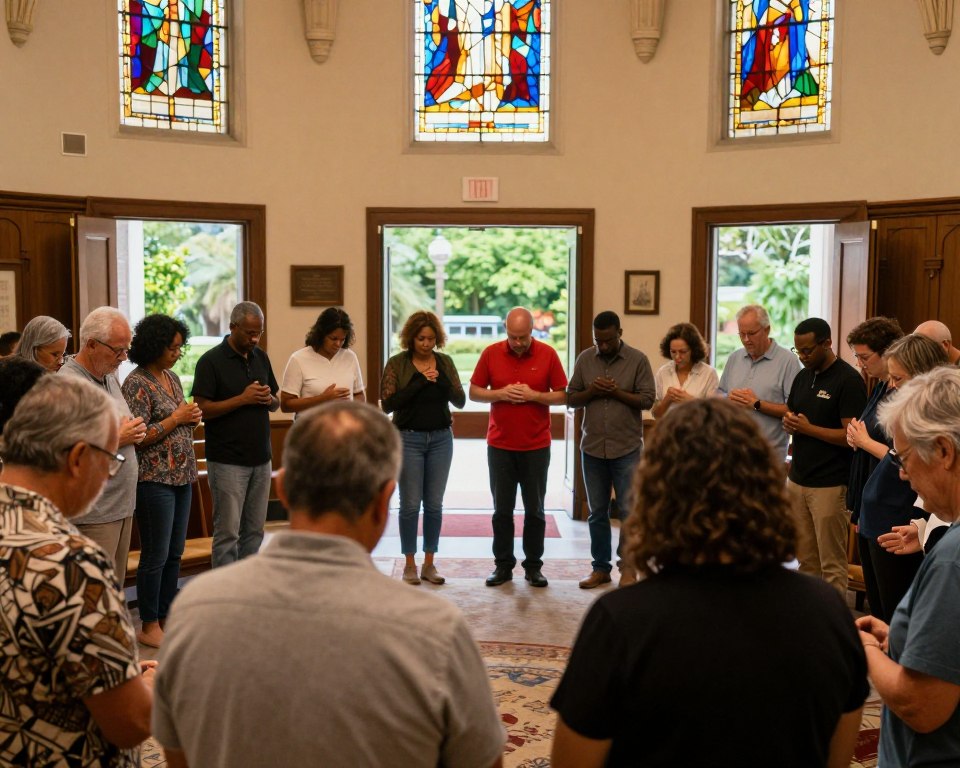 A vibrant scene depicting a diverse and inclusive worship community in Pittsburgh. In the foreground, a group of individuals of various ages, ethnicities, and backgrounds are engaged in a communal prayer circle, wearing modest casual attire. The middle ground features a welcoming church interior with stained glass windows casting colorful light patterns, enhancing the atmosphere of serenity and unity. In the background, lush greenery is visible through open doors, symbolizing growth and connection with the community. Soft, warm lighting filters in, creating a peaceful and inviting ambiance. The composition captures a sense of harmony and togetherness, emphasizing faith and community service in an engaging and heartfelt manner.