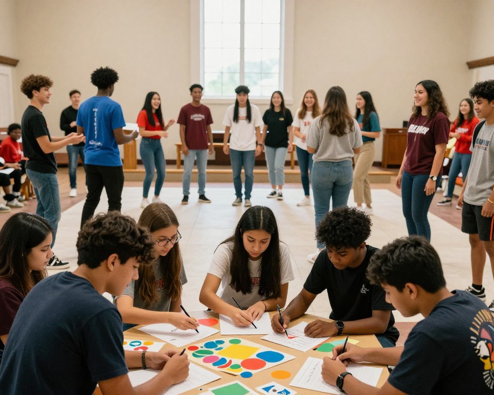A vibrant scene depicting a diverse group of young people engaged in various activities within a church community setting. In the foreground, a small group of teenagers collaborates on a creative project, surrounded by colorful arts and crafts materials. In the middle ground, others are playing a fun, cooperative game, showcasing laughter and teamwork. The background features a welcoming church interior with bright window light filtering through, creating a warm, inviting atmosphere. Use a wide-angle lens to capture the dynamic energy and connections among the youth. The overall mood is uplifting and joyful, reflecting a strong sense of community and engagement in youth initiatives. Ensure all participants are dressed in modest casual clothing.