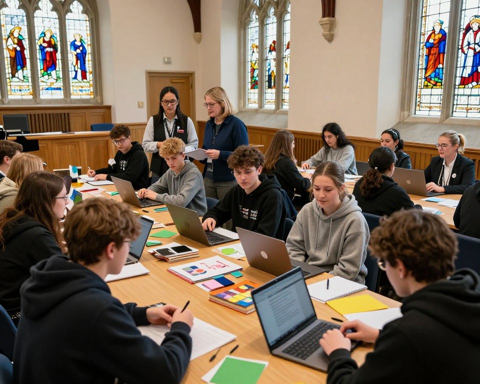 A vibrant scene depicting a gathering of diverse young people engaged in educational activities within a warm and welcoming Presbyterian church setting in Ireland. In the foreground, a group of teens collaborates around a table filled with books, craft supplies, and laptops, showcasing creativity and teamwork. In the middle ground, dedicated youth leaders mentor and facilitate discussions, embodying guidance and support. The background features stained glass windows casting colorful light across the room, creating an uplifting atmosphere. The image is bathed in soft, natural lighting, enhancing the feeling of community and inclusiveness. The angle is slightly elevated, providing a panoramic view of this enriching experience, capturing the essence of faith and education in a harmonious environment.
