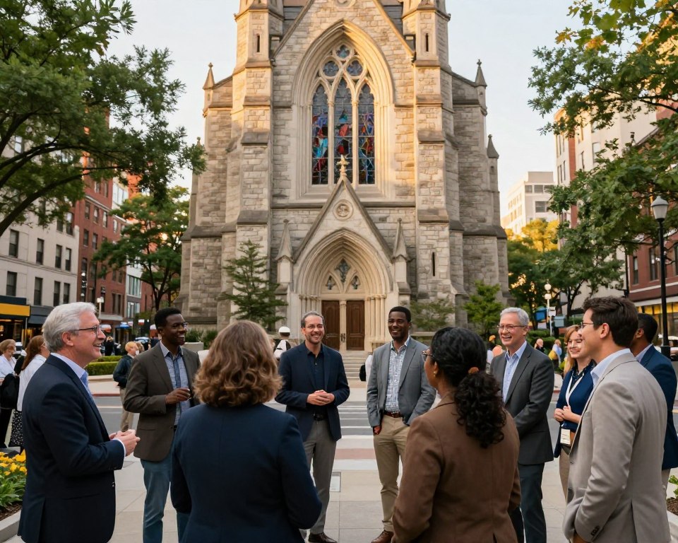 A vibrant scene depicting a historic Presbyterian church in New York serving as a focal point for community engagement. In the foreground, a diverse group of people, dressed in professional business attire and modest casual clothing, gather enthusiastically, sharing ideas and laughter. In the middle ground, the church's intricate stone architecture with tall stained-glass windows can be seen, bathed in soft, warm golden sunlight. The background showcases a lively cityscape with trees lined along the street, hinting at an inviting atmosphere. The angle is slightly elevated, providing a broad view that captures the harmony between the church and its community. The overall mood is welcoming and uplifting, highlighting the spirit of togetherness and involvement in this historic setting.