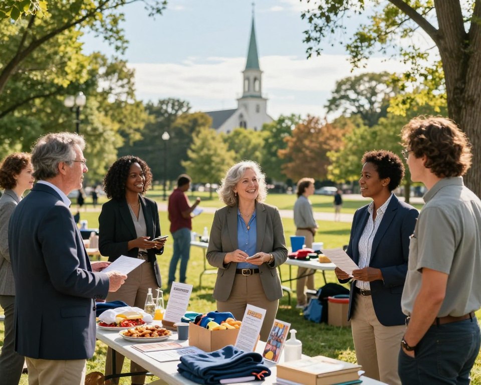A vibrant scene depicting a warm and inviting Christian community service in Knoxville, TN. In the foreground, a diverse group of individuals, dressed in professional business attire and modest casual clothing, engage in meaningful conversation while sharing resources. The middle section features a cozy outdoor gathering space with tables filled with food, clothing donations, and community brochures. Background elements include a lush green park, symbolic church steeples rising in the distance under a bright blue sky. Soft golden sunlight filters through the trees, creating a welcoming and hopeful atmosphere. Capture the essence of local outreach, highlighting community spirit and connection through a lens with a slight depth of field to emphasize the foreground interactions while keeping the background in gentle focus.