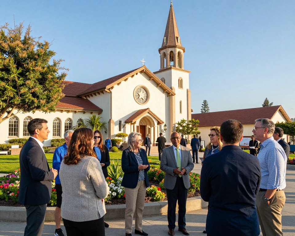 A vibrant scene depicting a welcoming Presbyterian Church in Los Angeles, showcasing a well-maintained exterior with charming architecture, surrounded by greenery and flowers. In the foreground, a diverse group of adults dressed in professional business attire and modest casual clothing are engaging in conversation, smiling, and exchanging ideas. The middle ground captures church activities, such as small groups discussing faith and community involvement, all under bright, warm lighting that suggests a sunny afternoon. The background features the church’s tall steeple against a clear blue sky, enhancing the sense of community and spirituality. The mood is friendly and inviting, encouraging connection and participation within the church community.
