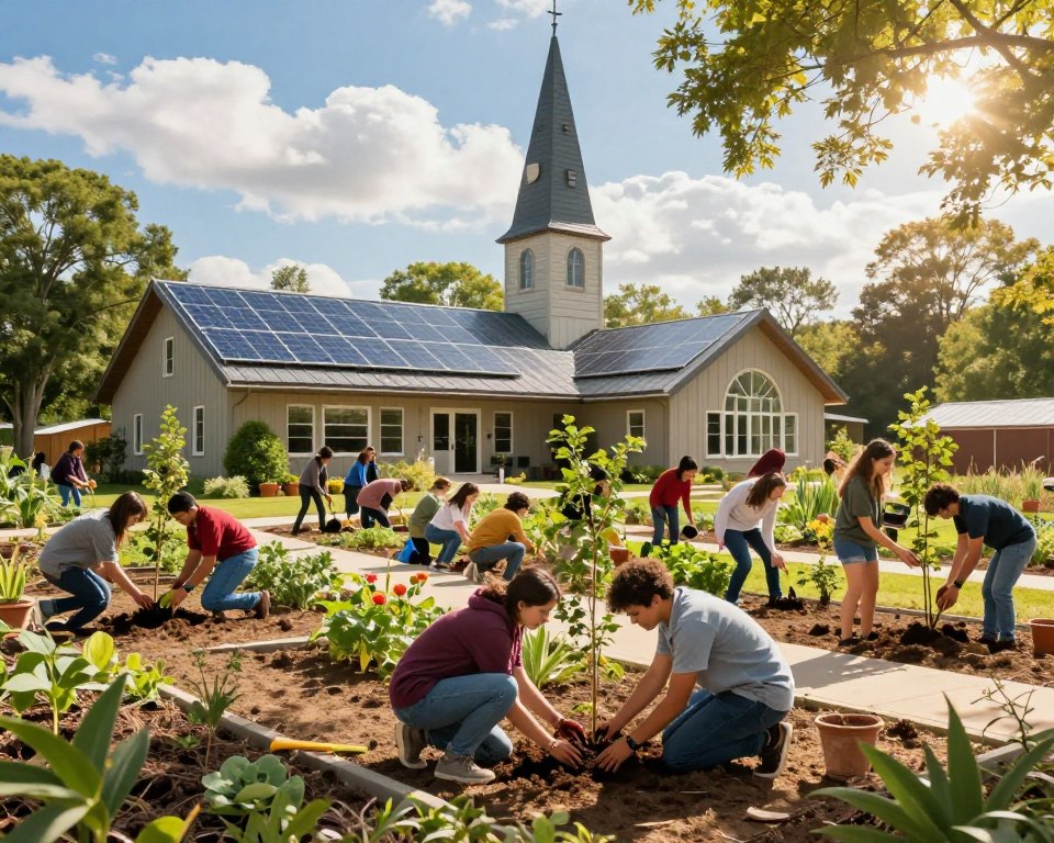 A vibrant scene depicting an eco-conscious Presbyterian congregation engaged in sustainable initiatives. In the foreground, a diverse group of enthusiastic young adults, in modest casual clothing, enthusiastically planting trees and tending to a community garden, showcasing teamwork and dedication. The middle ground features a modern, eco-friendly church building with solar panels and green spaces, harmonizing with nature. In the background, lush trees and a blue sky filled with soft clouds evoke a sense of tranquility and hope. The sunlight streams through the trees, casting dappled shadows on the ground, enhancing the warm, uplifting atmosphere. The angle captures both the congregational activity and the stunning natural environment, emphasizing the interconnection between faith and ecological stewardship.
