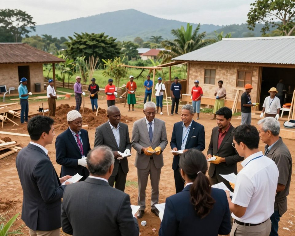 A vibrant scene depicting global mission work by the Presbyterian Church. In the foreground, a diverse group of individuals, dressed in professional business attire, engage in collaborative activities, such as construction and community service, contributing to a local village project. The middle ground showcases a rustic setting with people of various ethnicities working together, surrounded by tools and community members receiving aid. In the background, lush greenery and distant mountains create a serene environment, symbolizing hope and unity. Soft, warm lighting evokes an uplifting atmosphere, emphasizing teamwork and compassion. Capture this moment from a slightly elevated angle to provide depth and coherence to the mission's impact and community involvement.
