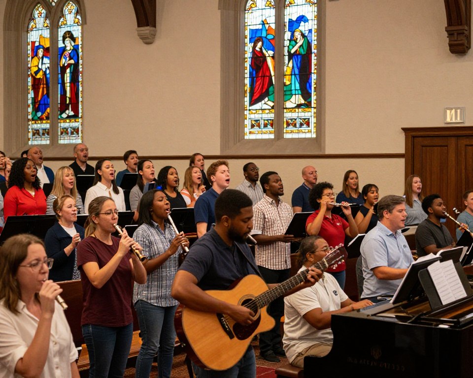A vibrant scene depicting the Tallahassee Presbyterian Church's music ministry during a worship service. In the foreground, a diverse group of musicians, dressed in modest casual clothing, passionately playing instruments like a guitar, piano, and flute. In the middle ground, the church's congregation is engaged and singing along, filling the space with joy and energy. The background features the church’s beautiful stained glass windows, casting colorful light across the scene. Soft, warm lighting enhances the atmosphere of unity and celebration. The angle captures the musicians in action, with a slight upward tilt, emphasizing their connection to the community and the uplifting spirit of music in worship.