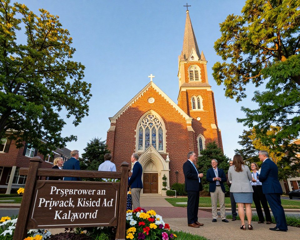 A vibrant scene depicting the welcoming exterior of a traditional Presbyterian Church located in Richmond, VA. In the foreground, a wooden sign stands at the entrance, adorned with colorful flowers. In the middle ground, the church’s brick façade is beautifully lit by soft golden sunlight, highlighting the intricate stained glass windows and tall steeple. Attendees in professional business attire gather outside, chatting amiably and sharing smiles, conveying a sense of community and warmth. Trees with lush green leaves frame the church, and a clear blue sky provides a serene backdrop. The mood is inviting and joyful, aiming to reflect the spirit of fellowship and inclusivity within the Presbyterian community. Use a wide-angle lens perspective to capture the church as a central focus, showcasing its significance in the neighborhood.