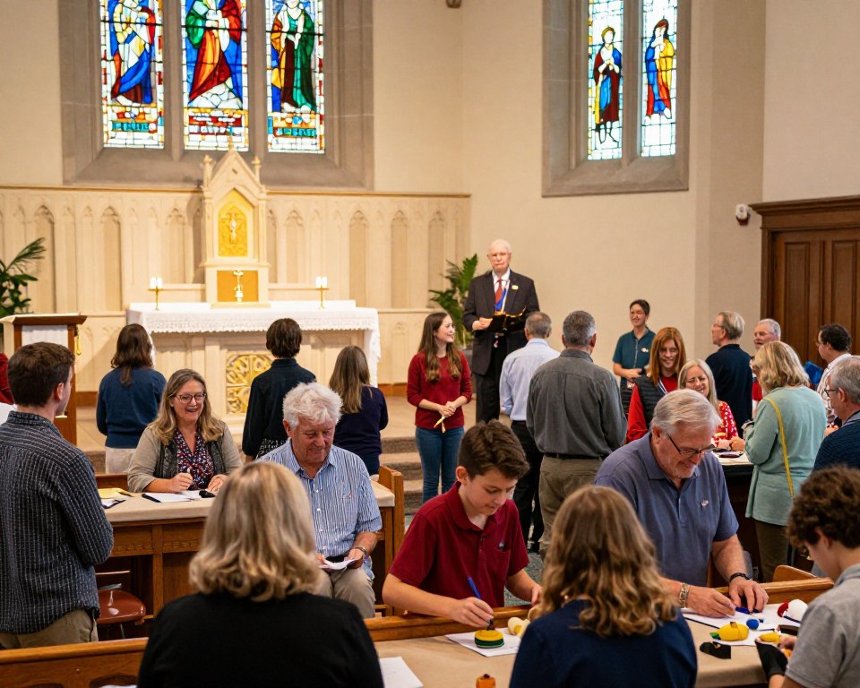 A vibrant scene inside Calvin Presbyterian Church in Zelienople, capturing a diverse congregation engaged in a variety of ministries for all ages. In the foreground, a mixture of adults and children participate in interactive activities, with smiles and expressions of joy, dressed in modest, professional attire. The middle ground features a beautifully decorated altar with soft, warm lighting illuminating it, enhancing the inviting atmosphere. In the background, stained glass windows cast colorful reflections, blending with natural light filtering through, giving a serene ambiance. The angle is slightly elevated, capturing the dynamic interactions among the congregation and a sense of community. The overall mood is uplifting and inclusive, showcasing a welcoming environment for spiritual growth and fellowship.