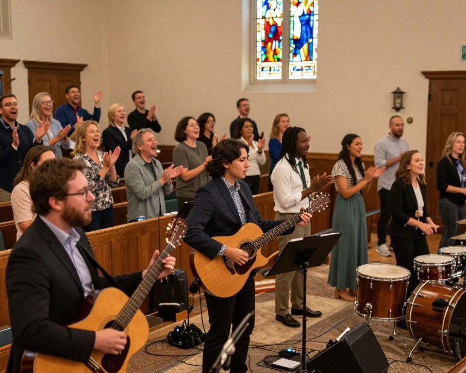 A vibrant scene inside a Presbyterian church in Austin, showcasing a music ministry in action. In the foreground, a diverse group of musicians, dressed in professional business attire and modest casual clothing, passionately playing various instruments, including guitars, keyboards, and drums. The middle ground features a congregation engaged, some clapping, others singing along with joyful expressions, illuminated by warm, soft lighting that enhances the welcoming atmosphere. In the background, stained glass windows with colorful designs filter natural light, casting a serene ambiance throughout the space. The angle captures the musicians from a slightly elevated perspective, creating a dynamic and inviting scene that embodies the spirit of community and creativity in worship.