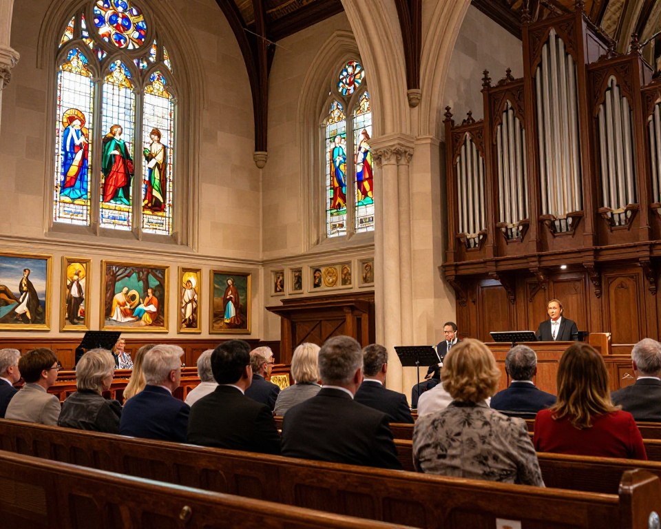 A vibrant scene inside a Presbyterian church in Washington, DC, showcasing a harmonious blend of music and art. In the foreground, a diverse group of congregants, dressed in professional business attire, enjoy a live musical performance, with a talented musician playing an organ. The middle ground features beautiful stained-glass windows filtering warm, colorful light, illuminating the church's wooden pews and artwork depicting biblical scenes. The background showcases the church's intricately designed architecture, with high ceilings and decorative beams, adding to an atmosphere of reverence and inspiration. Soft, warm lighting enhances the inviting mood, creating a sense of community and worship. The perspective captures a slightly elevated angle to embrace the grandeur of the space, allowing for an immersive view of the artistic elements.