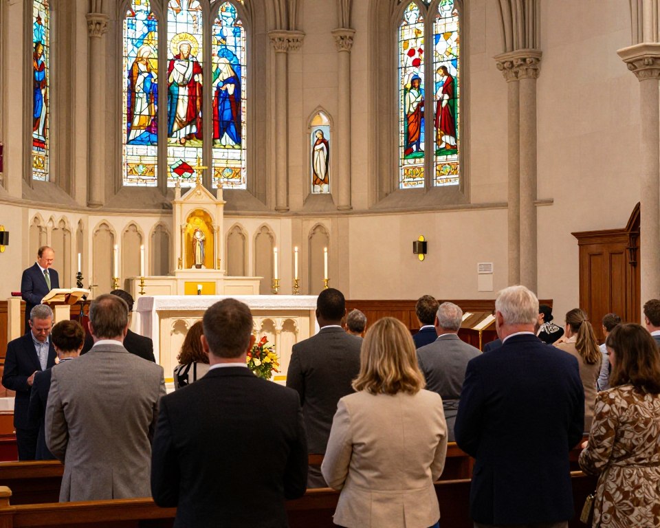 A vibrant scene inside a United Methodist Church during a worship service. In the foreground, a diverse group of congregants, dressed in professional business attire and modest casual clothing, are engaged in prayer and reflection. The middle ground features a beautifully adorned altar with candles and a Bible open, conveying a sense of reverence. In the background, tall stained glass windows depict biblical scenes, allowing warm, colorful light to filter into the room, creating an inviting and spiritual atmosphere. The camera angle is slightly elevated, capturing both the congregation and the detailed interior of the church, emphasizing community and worship. The mood is uplifting and peaceful, inviting viewers into the traditions of the United Methodist faith.