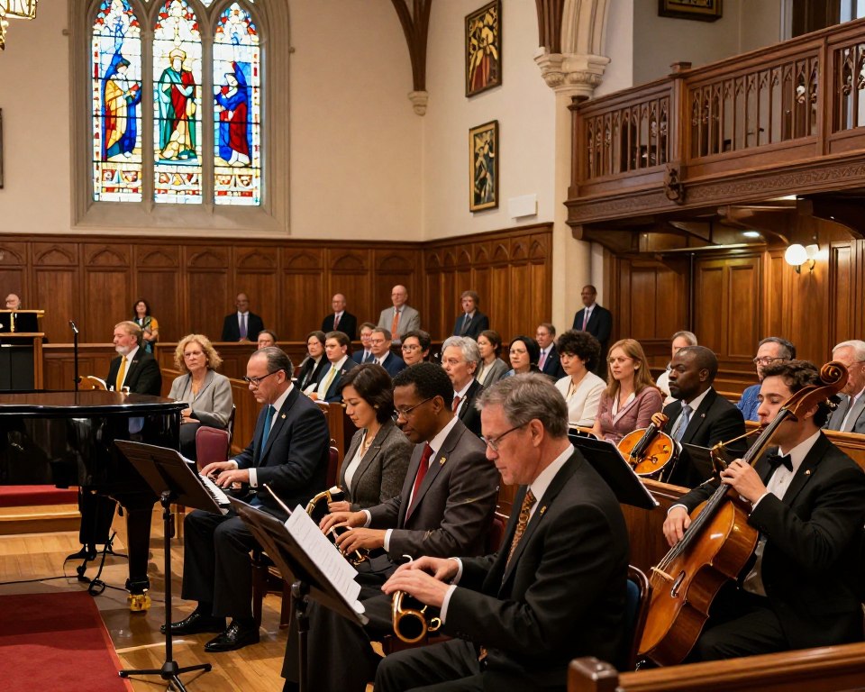 A vibrant scene inside a United Methodist church in Washington, DC, showcasing a lively music and arts worship service. In the foreground, a diverse group of musicians playing traditional instruments, such as an organ, piano, and stringed instruments, all dressed in professional attire. The middle ground features a congregation of worshippers engaged in the service, some viewing a colorful stained-glass window that casts cheerful light across the room. In the background, elegant wooden architecture and artistic decorations hang from the walls, emphasizing the church’s heritage. Soft, warm lighting creates an inviting atmosphere, and the angle captures both the musicians and the appreciative audience, fostering a sense of community and inspiration. The overall mood is uplifting and reverent, reflecting the importance of music and arts in worship.